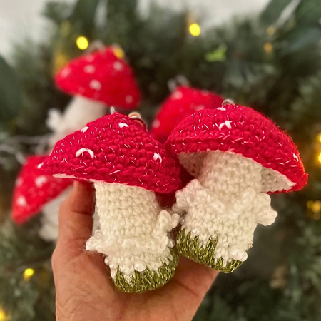Handmade Crochet Xmas Decorations Red Mushrooms Gift Box of Five