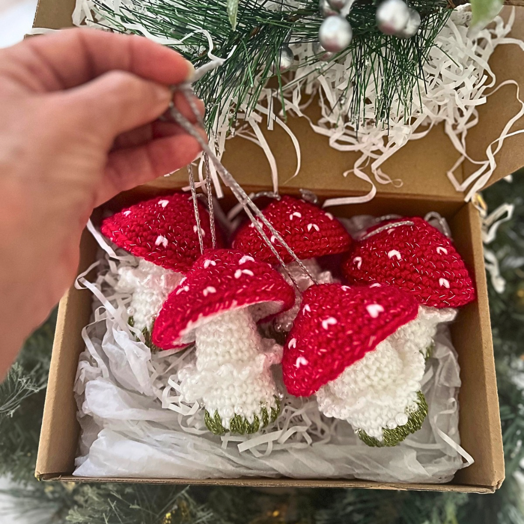 Handmade Crochet Xmas Decorations Red Mushrooms Gift Box of Five