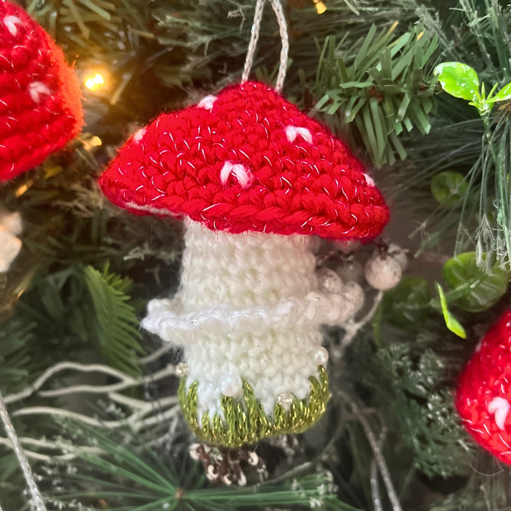 Handmade Crochet Xmas Decorations Red Mushrooms Gift Box of Five