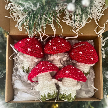 Handmade Crochet Xmas Decorations Red Mushrooms Gift Box of Five