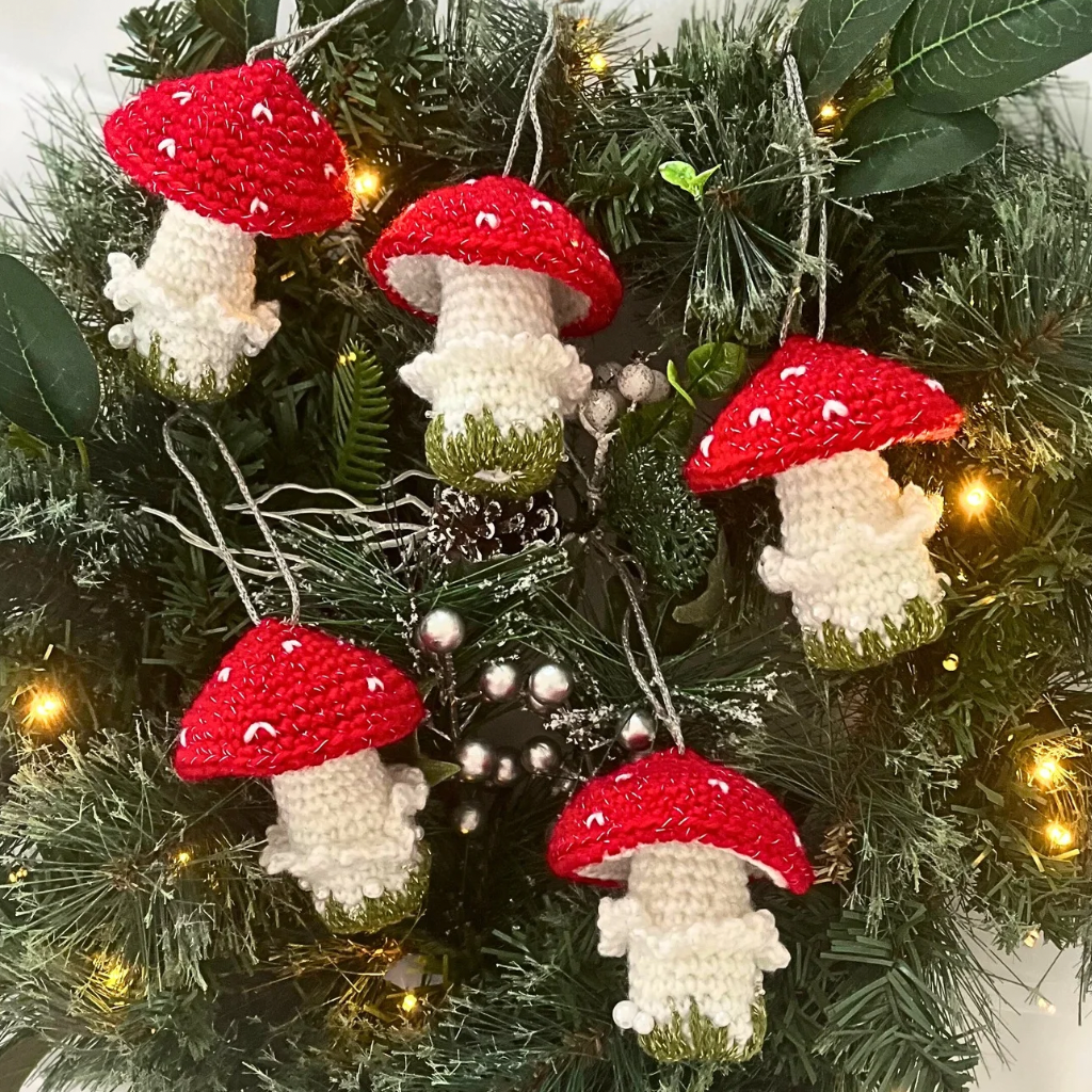 Handmade Crochet Xmas Decorations Red Mushrooms Gift Box of Five