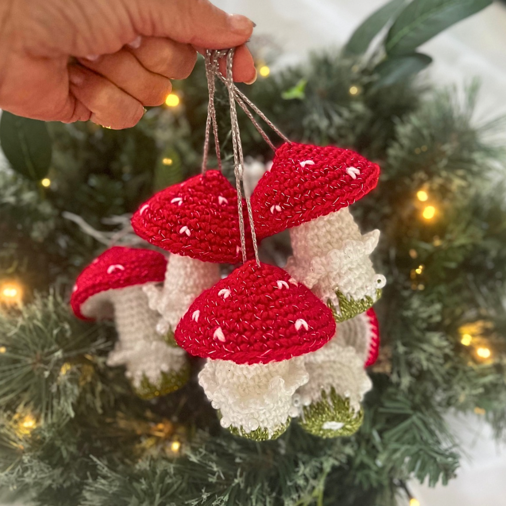 Handmade Crochet Xmas Decorations Red Mushrooms Gift Box of Five