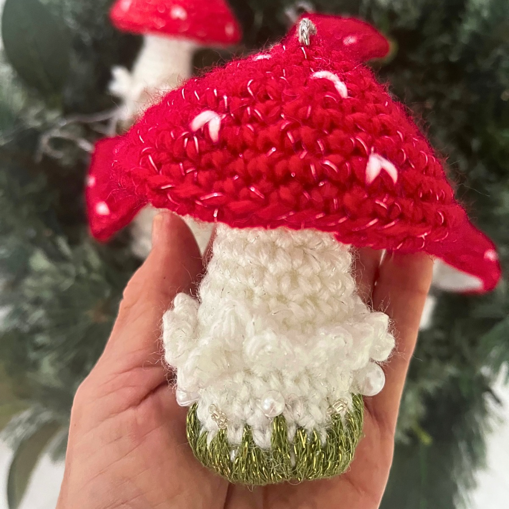Handmade Crochet Xmas Decorations Red Mushrooms Gift Box of Five