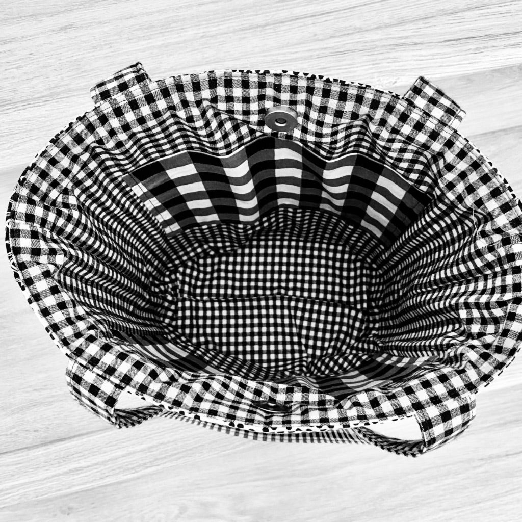 Black and white geometric patchwork tote