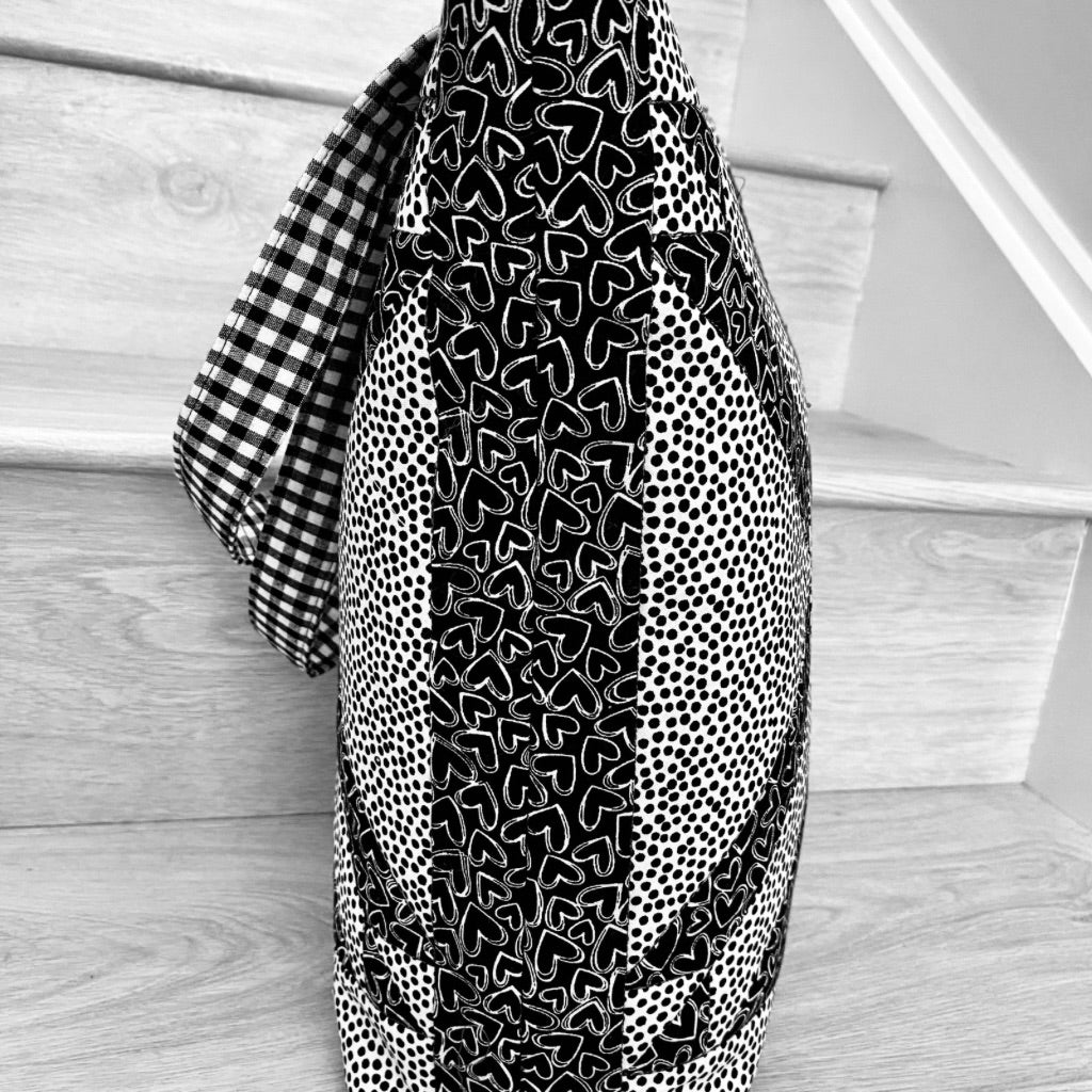 Black and white geometric patchwork tote