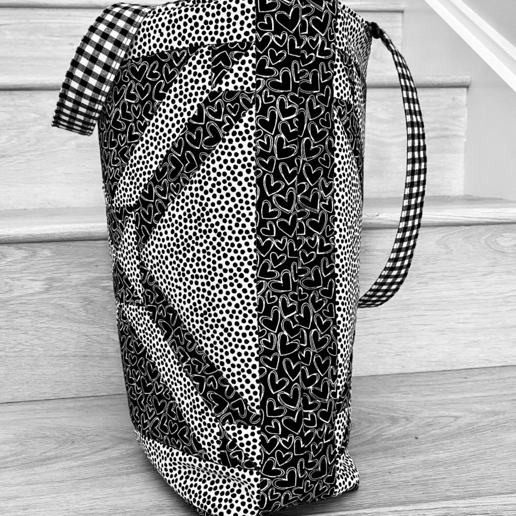 Black and white geometric patchwork tote