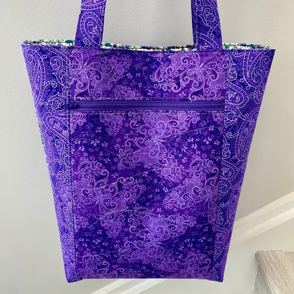 Lavender Whirl” Patchwork Tote – Floral & Paisley Quilted Bag