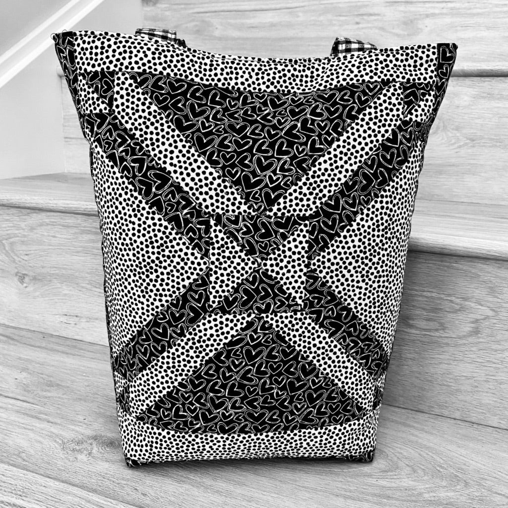 Black and white geometric patchwork tote