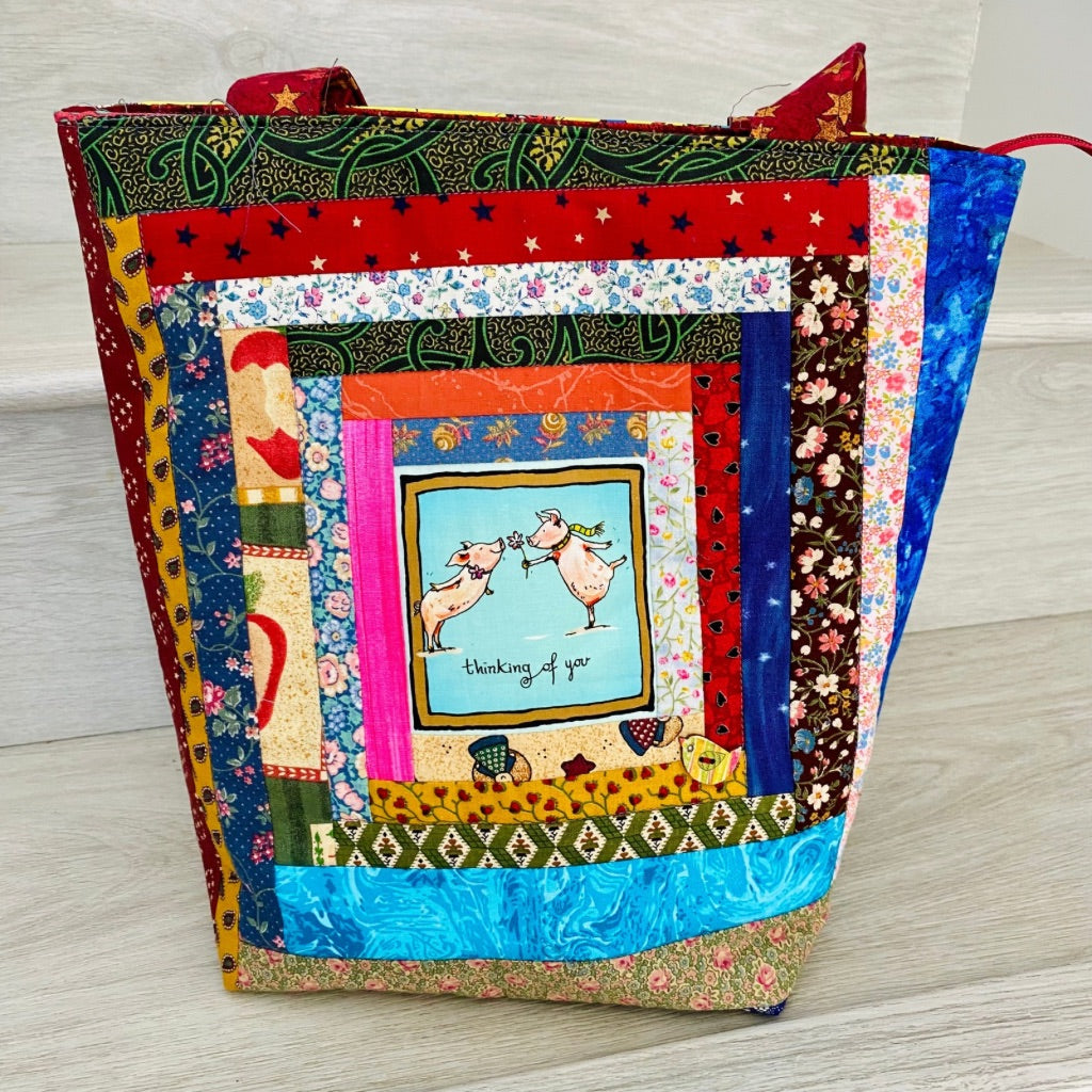 Thinking of You log cabin patchwork tote