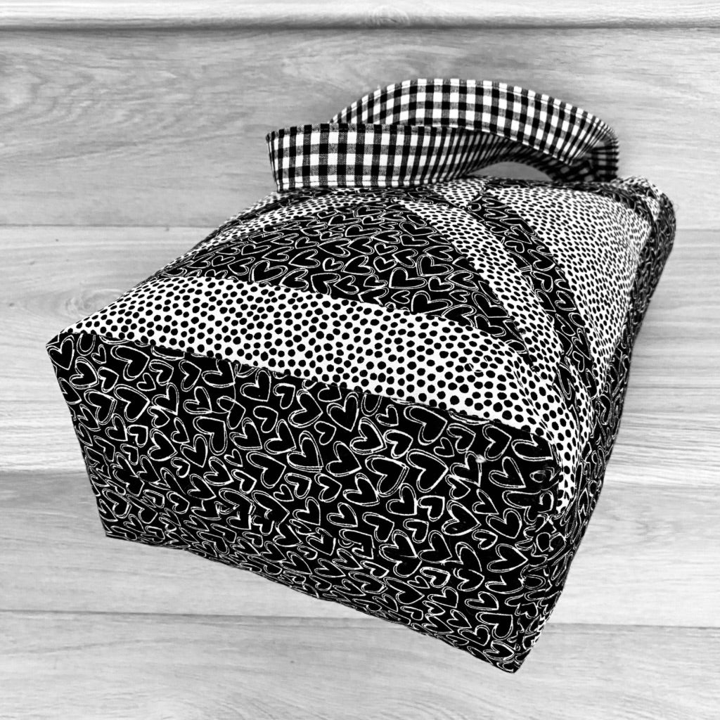 Black and white geometric patchwork tote