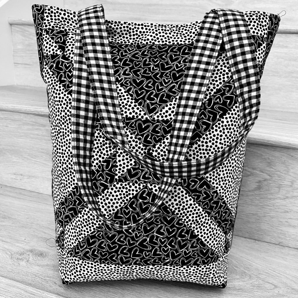 Black and white geometric patchwork tote