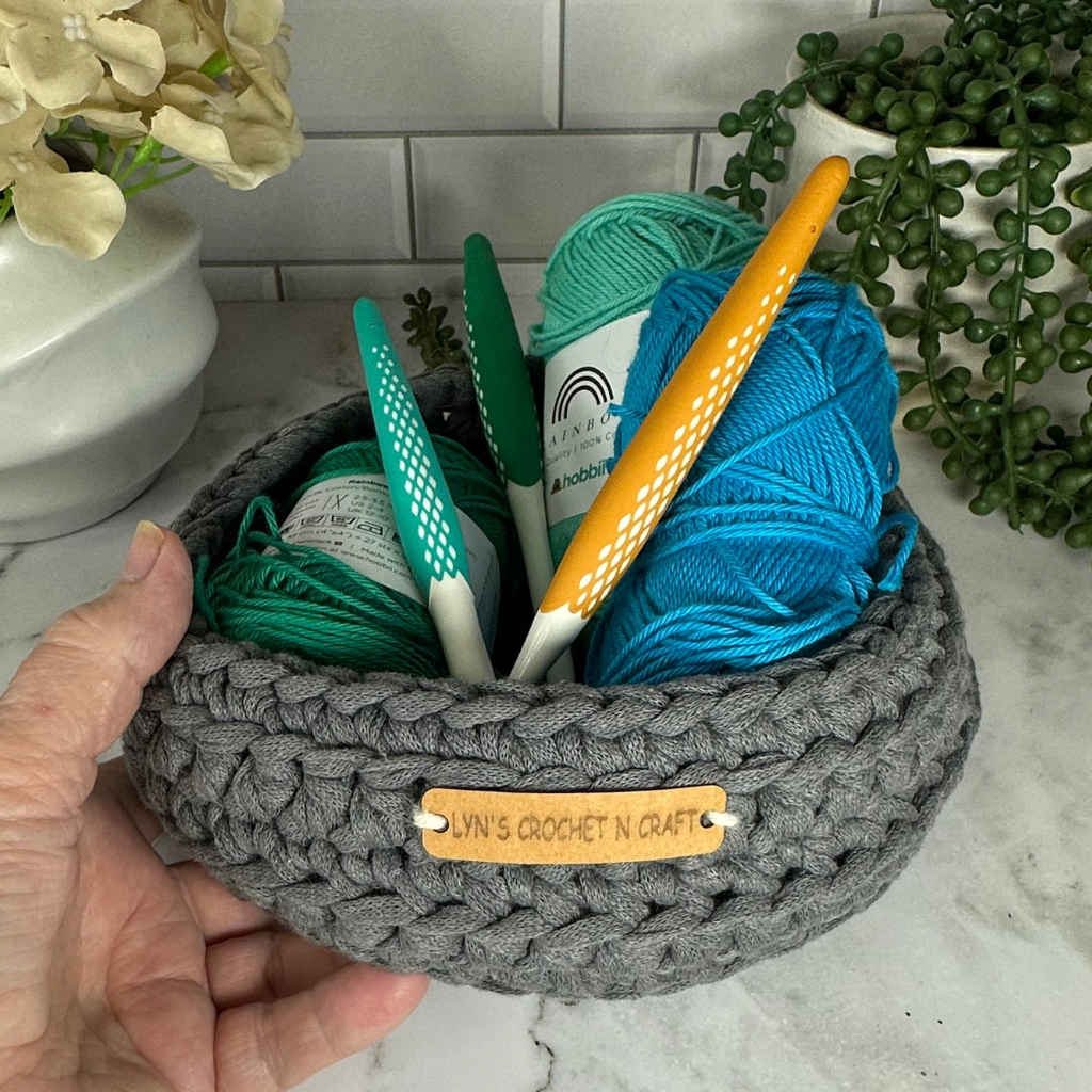 Handmade Crochet Basket in Charcoal – Decorative Storage Bowl