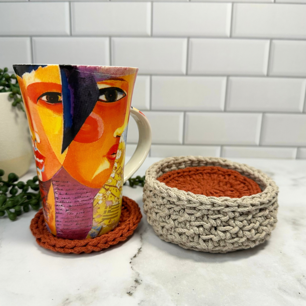 Handmade Beige Basket with Terracotta Crochet Coasters – Set of 4