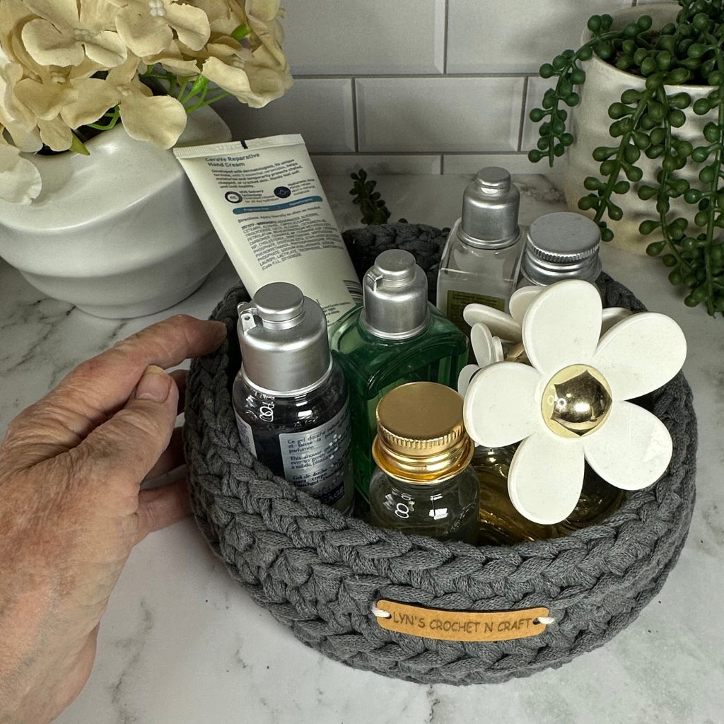 Handmade Crochet Basket in Charcoal – Decorative Storage Bowl