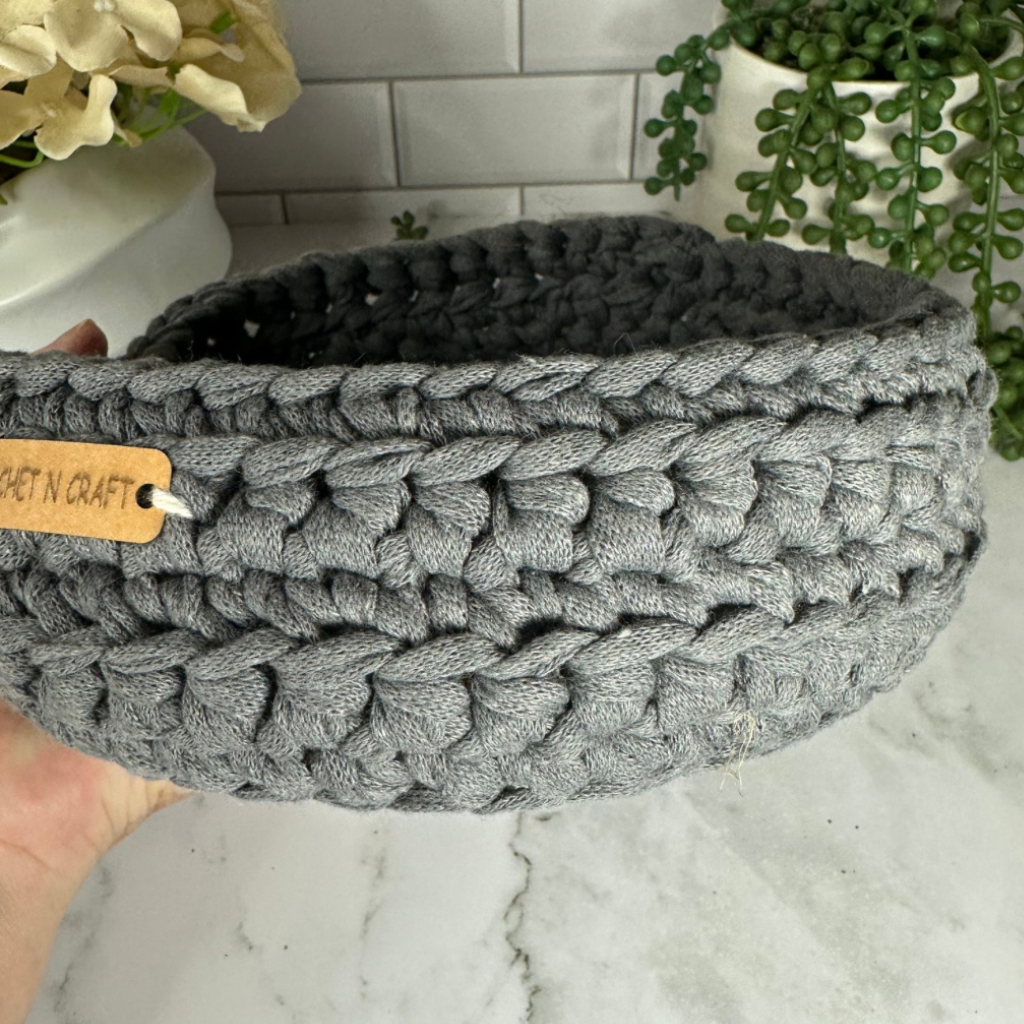 Handmade Crochet Basket in Charcoal – Decorative Storage Bowl