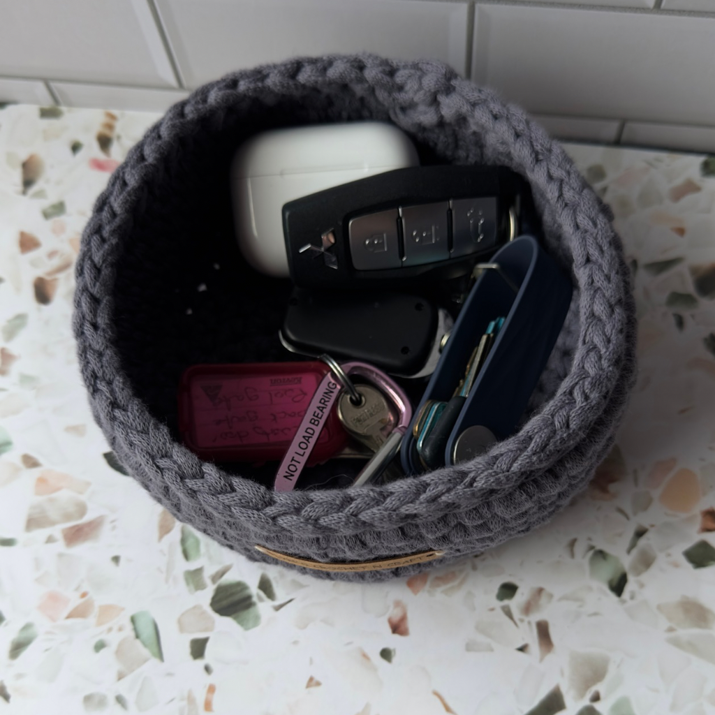 Soft & Sturdy small Crochet Basket – Grey Home Décor
