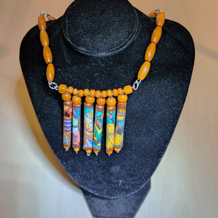 Beaded Necklace, Paper beads with orange wooden beads