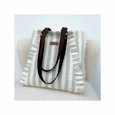 Linen Frill Tote Bag - Beige Stripes