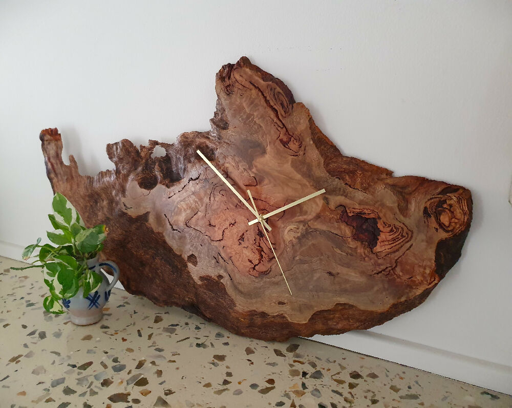 Unique Marri Timber Slab,84cm Wall Clock, Made, W.A. made clock, hanging art feature, Fifth Wedding Anniversary Gift,