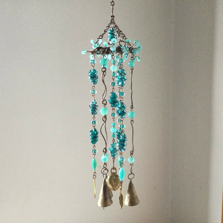 Windchimes Metal Bells Aqua Green Glass Beads