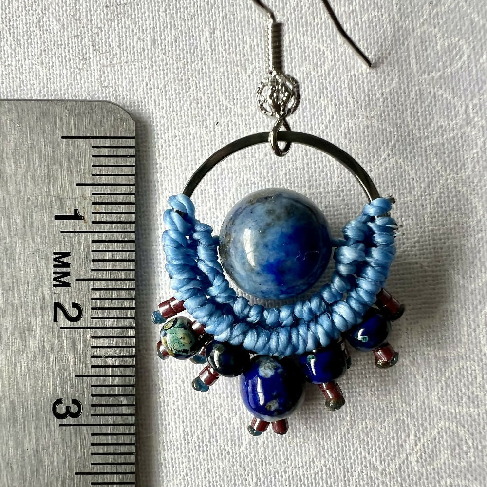 Blue Planet Micro Macrame Earrings - Lapiz Lazuli & Miyuki +Free Microfibre Pouch