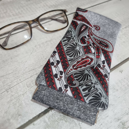 Flex frame glasses pouch, upcycled tie - grey & red paisley