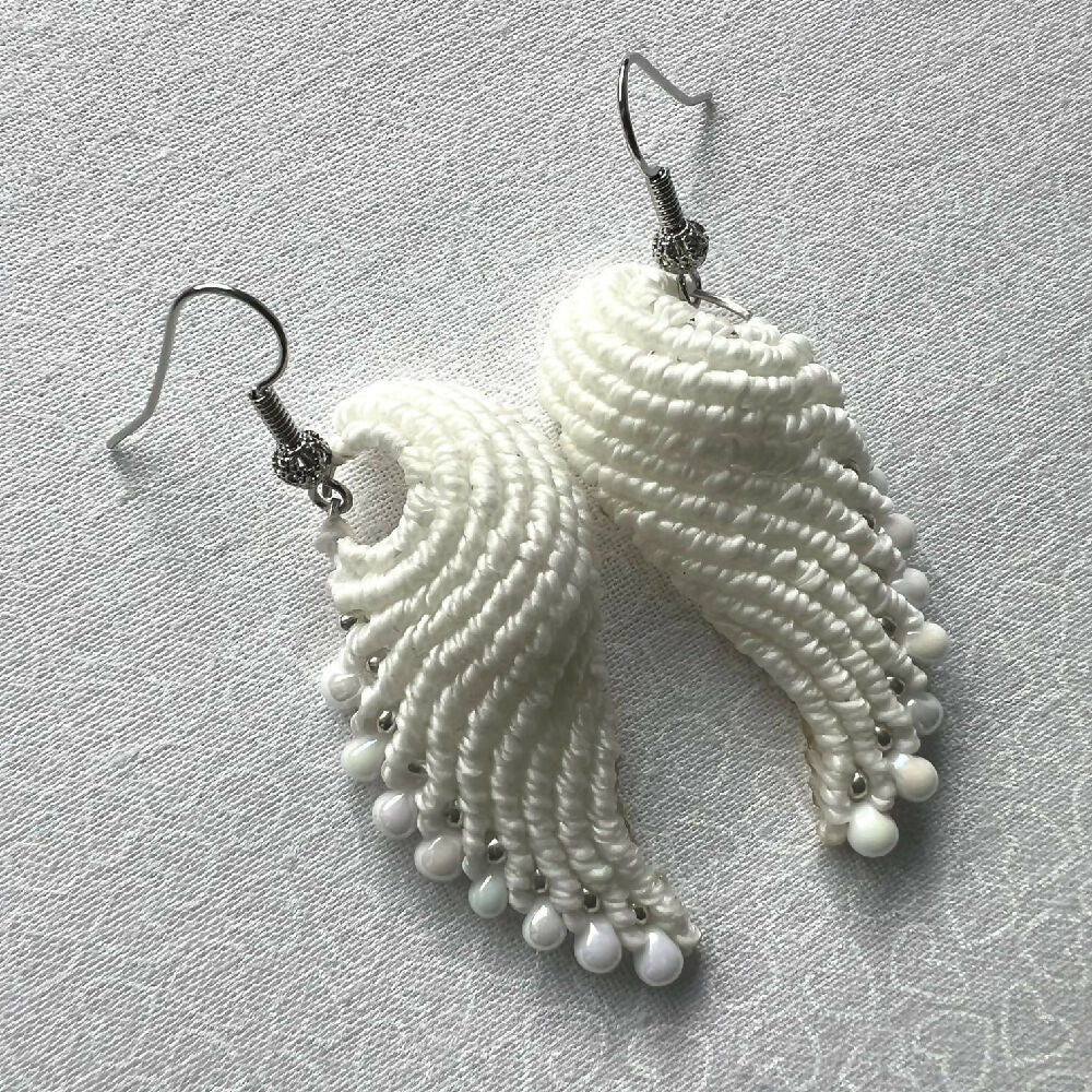 SOLD OUT - White Wing Micro Macrame Earrings +Free Microfibre Pouch