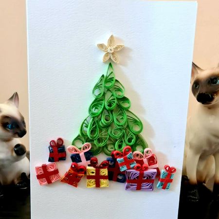 Christmas Card, quilled xmas tree with presents, wall art