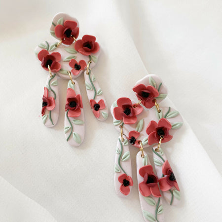 Polymer clay red garden statement dangle earrings