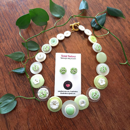 Green and white button necklace and stud earrings