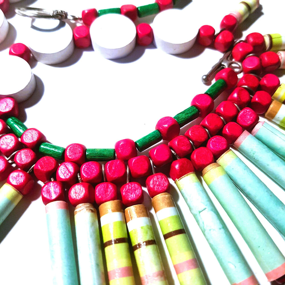 Beaded Necklace Paper and wooden beads.
