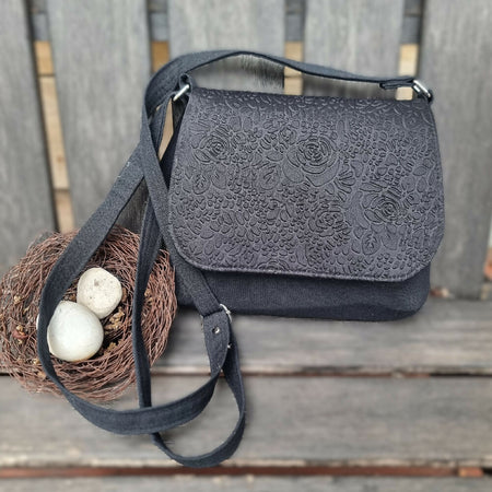 Upcycled mini messenger bag - black roses