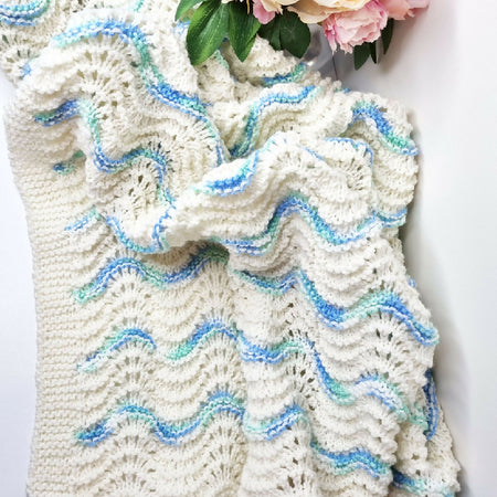 Baby Blanket - Wave pattern in white, blue and green