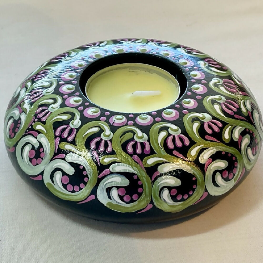 Original Hand-painted Tea-light Candle Holder Gift Boxed, Purple Green & Black
