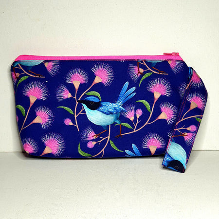 Fabric pouch with wrist strap in gorgeous blue wren and pink eucalypt floral fabric