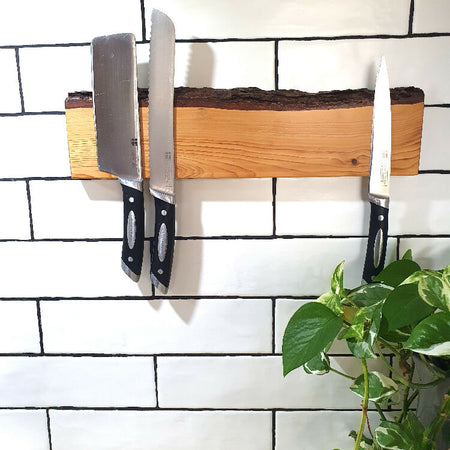 Wall mounted Magnetic Knife Holder, 40cm, Holds 7 knives,Made locally in Rockingham Western Australia,, Lovely Olive Wood Timber, Beautiful Wedding Present or Anniversary Gift, Natural Edge