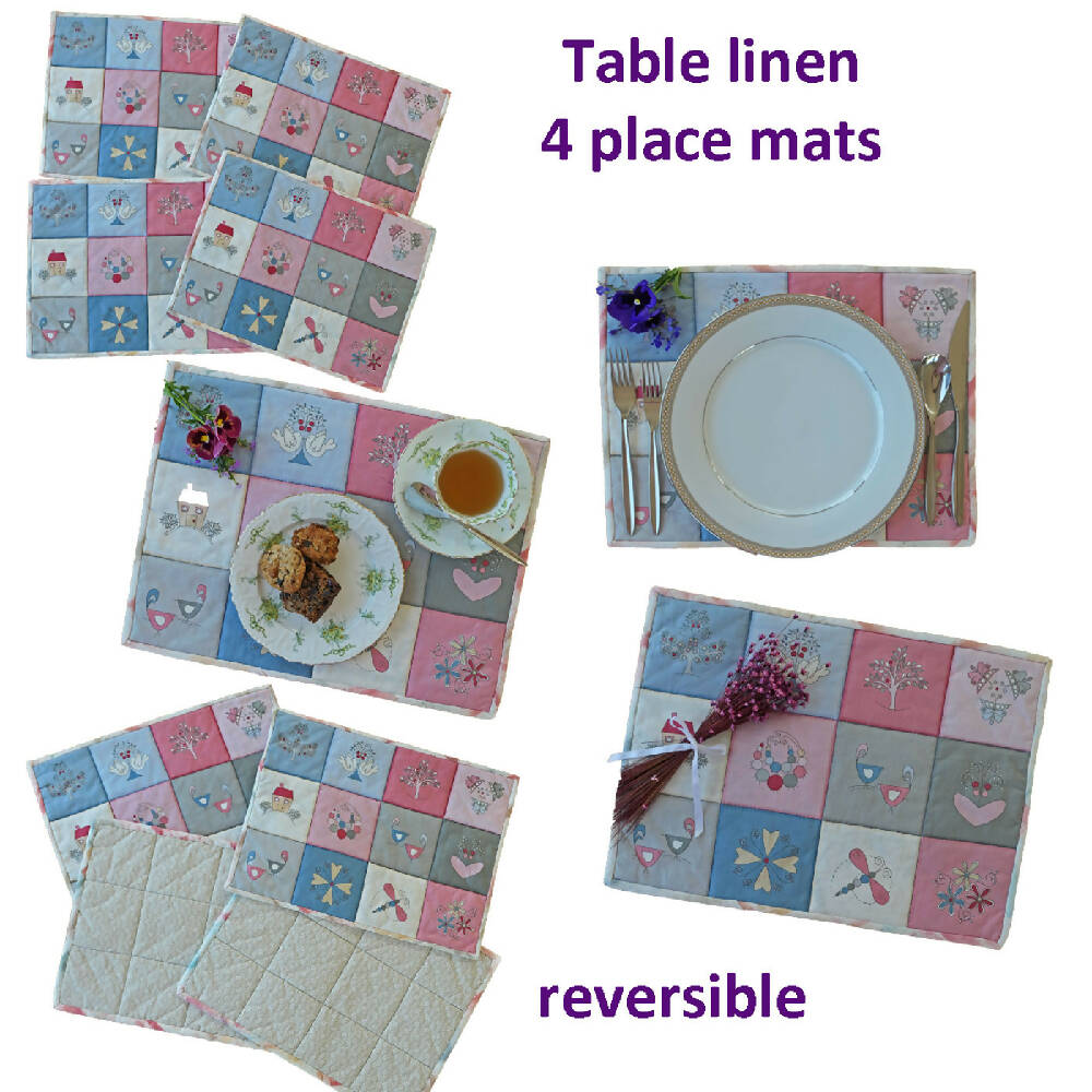 Cute romantic table mats, set of 4. reversible.