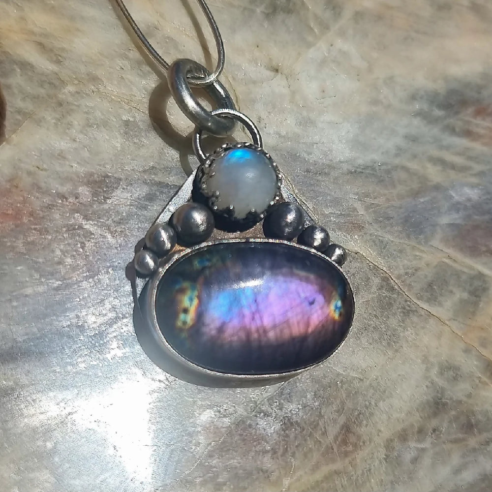 purple labradorite rainbow moonstone sterling silver pendant necklace