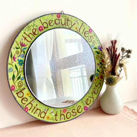 Floral affirmation hand-illustrated wood-mounted round mirror