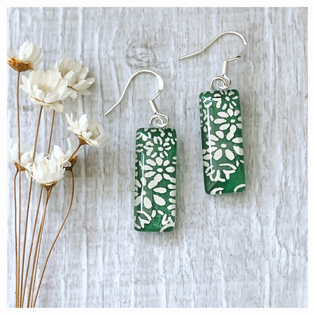 Bright Green Earrings with White Flowers made with Japanese Papers