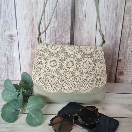 Upcycled mini messenger crossbody bag - light khaki with vintage lace