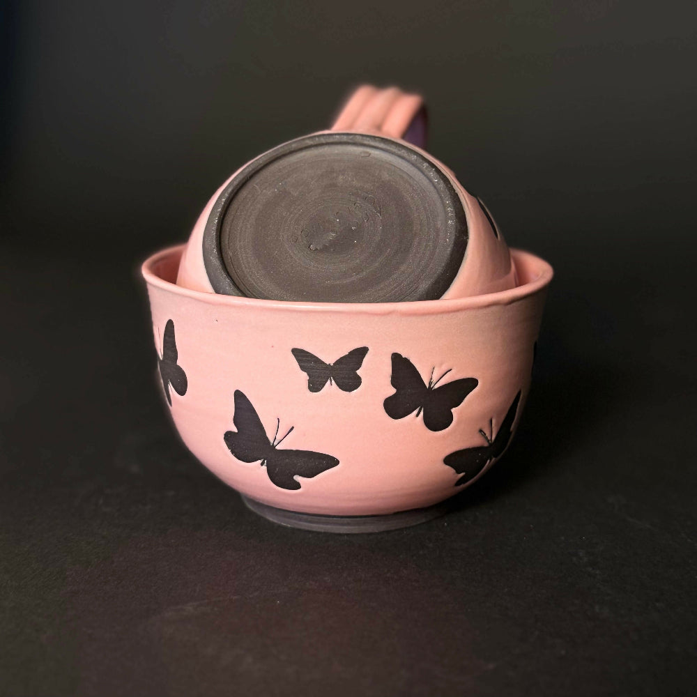 Australian-Ceramic-Pottery-Artist-Ana-Ceramica-Home-Decor-Kitchen-and-Dining-Servingware-Papillon-Noir-Handmade-Breakfast-Set-Pink-Black-Wheel-Thrown-Pottery