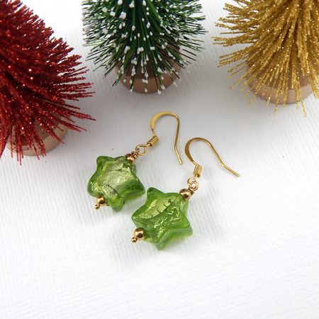 Green Christmas Star Earrings,Green Glass Star Earrings