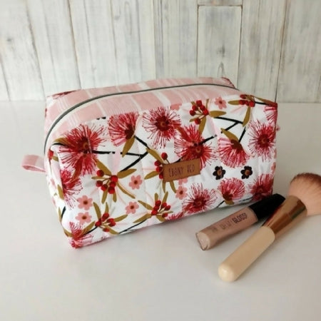 Gum Blossoms quilted makeup bag - Australian native floral zipper bag