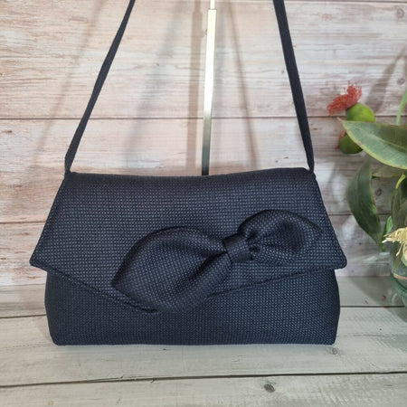 Upcycled vintage-styled handbag with bow - navy