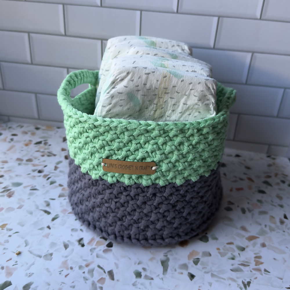 Handmade | Home Decor | Crochet Basket with handles | Mint & Gray