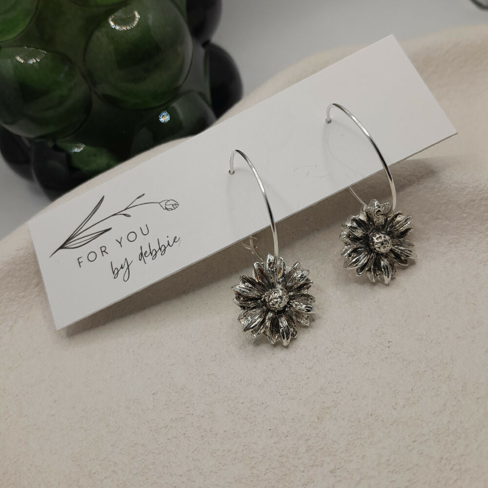 Fine silver daisy hoop earrings with handmade ear wire