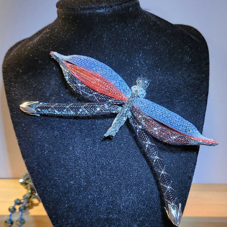 Nylon mesh brooch shawl pin Dragonfly black red and blue