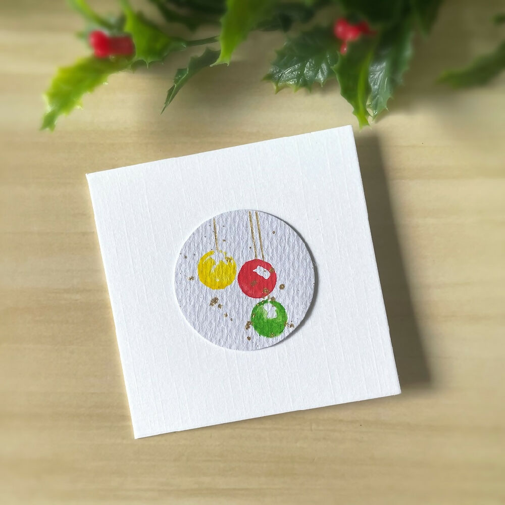 Australian-artist-handmade-original-art-watercolour-Christmas-card-7.5cm-coloured-baubles-gold