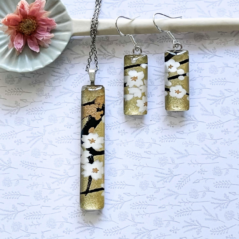 White Cherry Blossom Earring and Pendant Set made with Japanese Papers